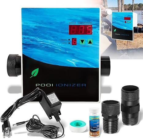 sixcow 444301 Pool lonizer System Hybrid Pool Treatment System Purifier for Above Ground InGround Pool w/ 4CH4002-R Swimming Pool Cleaner Chamber, 460304 Transformer Charging Cord Adapter, Fittings