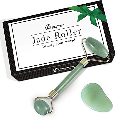Jade Roller for Face Anti-Aging Massage Facial Roller with Gua Sha Scraper,Premium Real 100% Natural Jade Stone mined from The Mountains of Himalaya