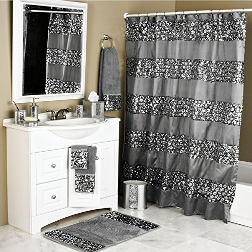 1pc Cracked Glass Pattern Shower Curtain, Embroidered Horizontal, Mixed Polyster PolyCotton Resin Metal Shining, Textured Silver Black, Metallic Silver Bathroom Curtain Tub
