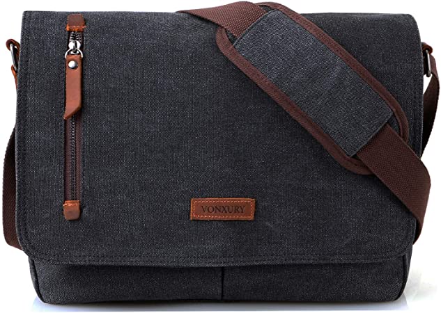 14 Inch Laptop Messenger Bag for Men and WomenCanvas Leather Shoulder Bag for Work School VONXURY