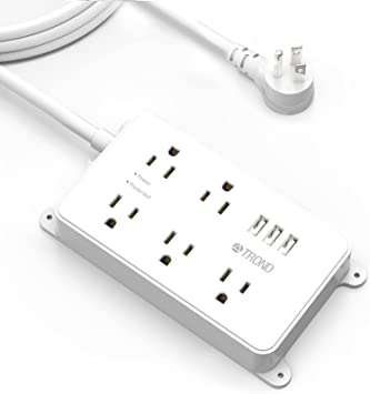 TROND Surge Protector Power Bar with 3 USB Ports, Flat Plug Power Strip, ETL Listed, 5 Widely-Spaced Outlets, 1300 Joules, 10ft Extension Cord Indoor, Wall Mountable for Workbench, Home, Office, White