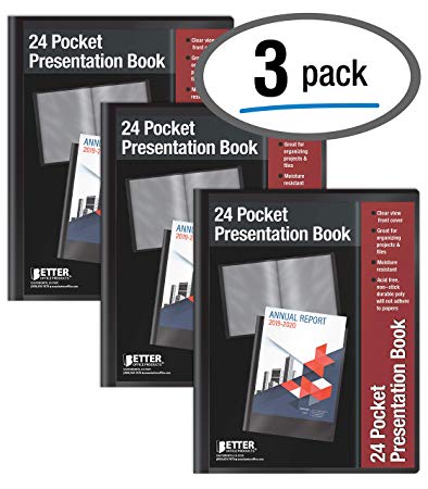 24 Pocket Bound Sheet Protector Presentation Book, 3 Pack, Clear View Front, 48 Page Capacity, by Better Office Products, Art Portfolio, Durable Black Poly Front and Back Covers, Letter Size