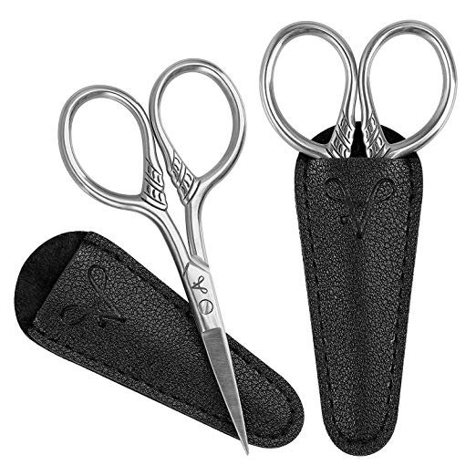 Small Scissors, LIVACA Stainless Steel Vintage Facial Hair Scissors, 3.5inch Professional Scissors for Facial Hair, Eyelash, Beard, Mustache, Eyebrow or DIY, 2Packs with PU Leather