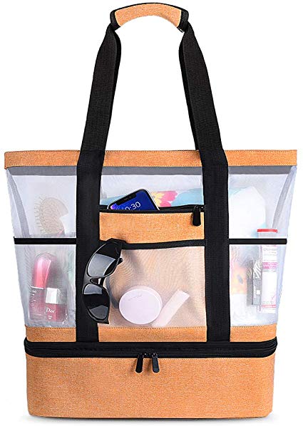 VBIGER Mesh Beach Tote Bag with Detachable Insulated Cooler Bag,Large Capacity Tote Bag Beach Gear Beach Essentials Bag Pool Bag for Women