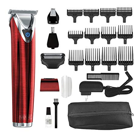 Wahl Clipper Stainless Steel Lithium Ion Plus Beard Trimmer Kit Red No.9864R Cordless Rechargeable Men's Grooming Kit for Haircuts and Beard Trimming