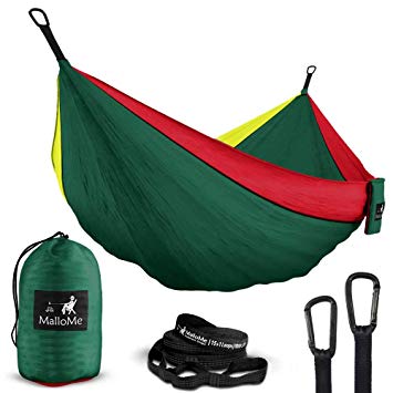 MalloMe Double & Single Portable Camping Hammock - Parachute Lightweight Nylon with Hammok Tree Straps Set- 2 Person Equipment Kids Accessories Max 1000 lbs Breaking Capacity - Free 2 Carabiners