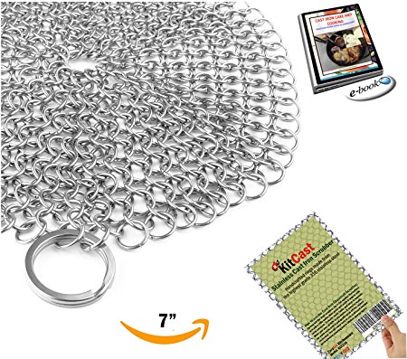 KitCast The Original 7" Stainless Steel Cast Iron Cleaner Chainmail Scrubber for Cast Iron Pan Pre-Seasoned Pan Dutch Ovens Waffle Iron Pans Scraper Cast Iron Grill Scraper Skillet Scraper (KCC316)