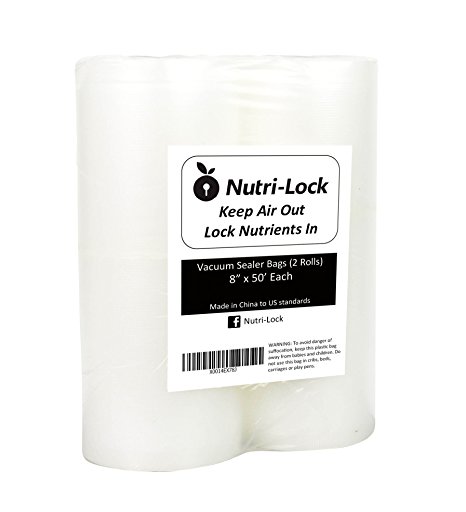 Nutri-Lock Vacuum Sealer Bags. 2 Pack 8x50 Commercial Grade Sealer Rolls for FoodSaver, Sous Vide