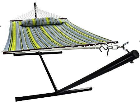 Sorbus Hammock with Spreader Bars and Detachable Pillow, Heavy Duty, 450 Pound Capacity, Accommodates 2 People, Perfect for Indoor/Outdoor Patio, Deck, Yard (Hammock with Stand, Green/Blue)