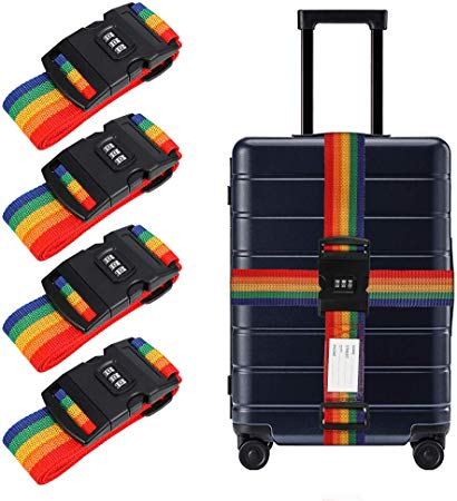 Chenkaiyang 4 Pack Luggage Straps Heavy Duty Suitcase Straps Adjustable Rainbow Packing Belts with Password Lock Clip and  Luggage Tags
