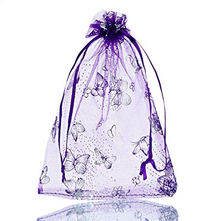 Housweety 25PCs 13cm x16cm Dark Purple Butterfly Organza Gift Bags Wedding/Christmas