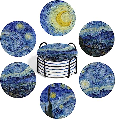 ComSaf Drink Coasters with Holder, Coasters for Drinks-Set of 6, Van Gogh Paintings Art Ceramic Coasters for Coffee Table Gifts Home Decor, Blue，4 Inches