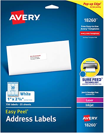 Avery Address Labels with Sure Feed for Laser & Inkjet Printers, 1" x 2-5/8", 750 Labels
