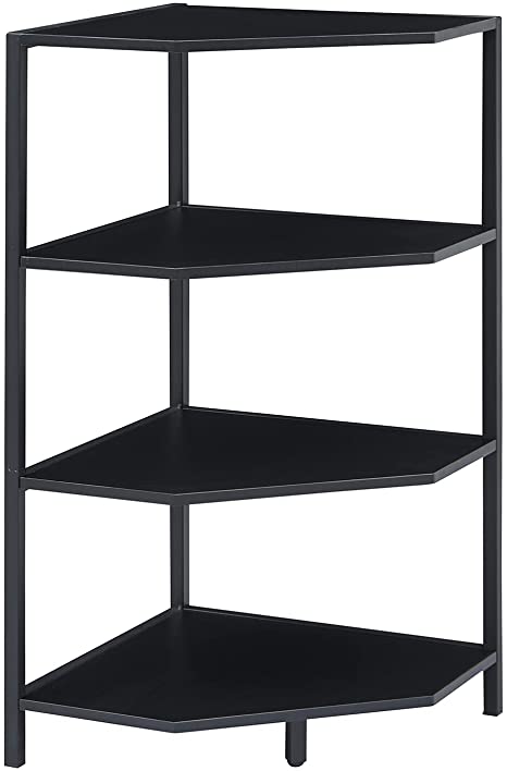 VECELO 31 Inch Corner Shelf, 4-Tier Display Shelves, Wood Storage Stand with Metal Frame, Multipurpose Shelving Unit for Small Space, Home Office, Black