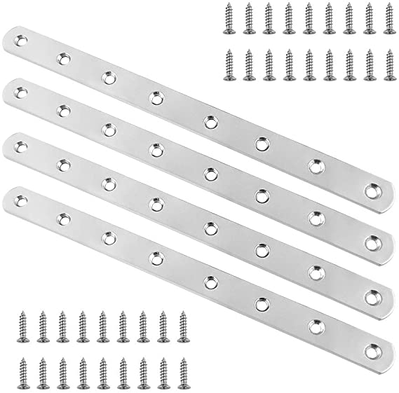 QWORK 4 PCS 245mm / 9-1/2" Stainless Steel Flat Braces Straight Corner Brackets with 32 PCS Fixing Screws