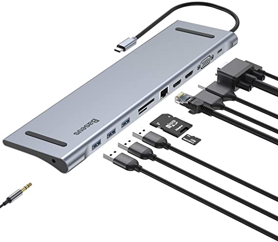 Baseus USB Type C 11 in 1 Dock,C Hub for Macbook Pro, Macbook Docking Station USB C, Aluminum C Hub with Gigabit Ethernet, HDMI*2, VGA, Audio Mic Port, SD/TF Card Reader