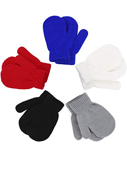 Boao 5 Pairs Stretch Full Finger Mittens Knitted Gloves Winter Warm Kid Gloves for Baby Boys and Girls Supplies