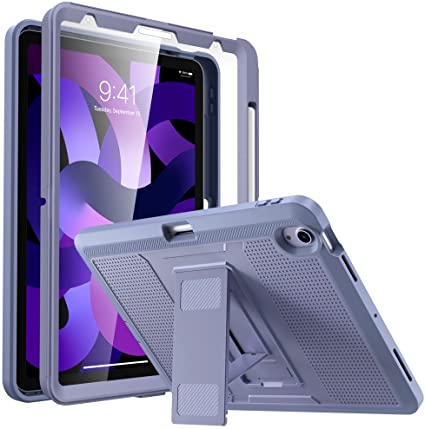 MoKo Case for iPad Air 5th Generation 2022/ iPad Air 4th Generation 2020 10.9 Inch with Pencil Holder, Kickstand, Built-in Screen Protector, Heavy Duty Shockproof Rugged Case for iPad Air 5/4,Purple