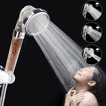 Ionic Shower Head Ionic Filter Handheld Shower Head, 3-Way Bathroom Spray hand shower with Ion Mineral Balls By Mibote (Clear)