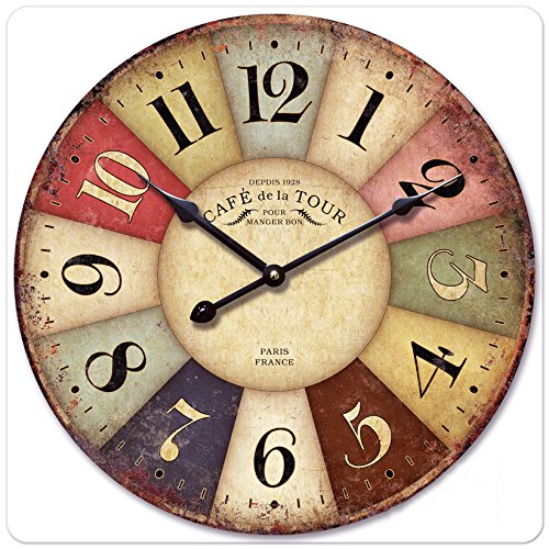 iCasso 16" Vintage France Paris Colourful French Country Tuscan Style Non-Ticking Silent Wood Wall Clock