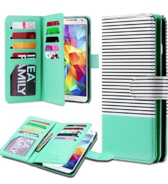 Galaxy S5 Case, ULAK Multi Card Slots Series Magnetic Wallet Case Cover for Samsung Galaxy S5 SV Galaxy S V i9600- Mint/Black Stripe