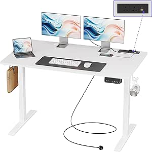 JOISCOPE Height Adjustable Desk, 47.2" Electric Standing Desk with Power Outlets, Home Office Desks & Workstation, Easy Assemble Gaming Desk, White