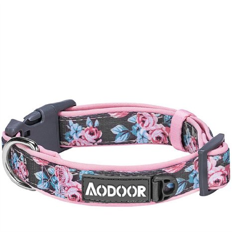 Aodoor Flower Pet Collars Peony chrysanthemum Pink Rosy Adjustable Ultra-soft Neoprene Padded Dog Collar Pink Rosy 3/4-Inch Medium