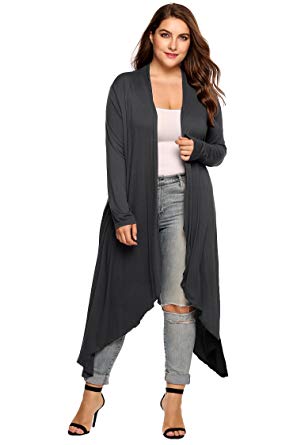 Zeagoo Women's Plus Size Long Sleeve Waterfall Asymmetric Drape Open Front Long Maxi Cardigan Sweater L-5XL