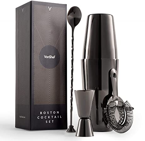 VonShef Graphite Boston Cocktail Making Set - 7 Piece Set with Accessories including 800ml Shaker, Spoon & Muddler, Double Jigger and Strainer