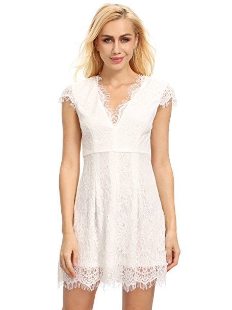 ROMWE Women's Gorgeous V neck A Line Sexy Short Cap Sleeve Lace Dress