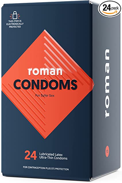 Roman Condoms | Ultra-Thin, Lubricated Condoms Made with 100% Natural Rubber Latex, FDA-Cleared, Electronically Tested for Safety and Reliability, Non-Spermicidal | 24-Pack