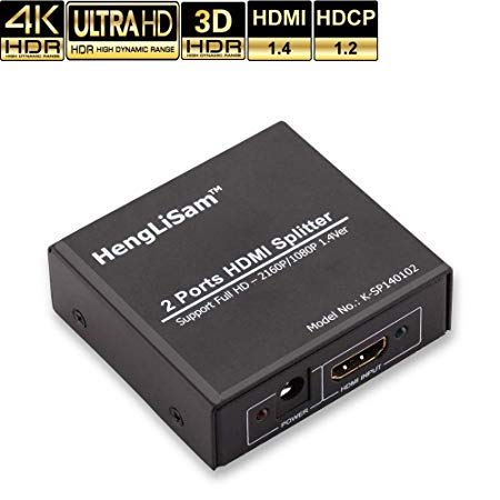 HDMI Splitter 1 in 2 Out, HengLiSam 4K 3D HDMI Splitter Pro HDMI1.4 HDCP1.2 3D 4K@30HZ FHD1080P for PS4 PS3 Xbox Fire Tv Stick Roku Blu-Ray Player TV HDTV Projector CCTV (Power Adapter Included)