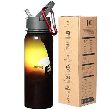 H&C Single Beverage Water Bottle,Stainless Steel Sports Water Bottle 25OZ With Straw,100% Natural Corn Lid -Wide Mouth