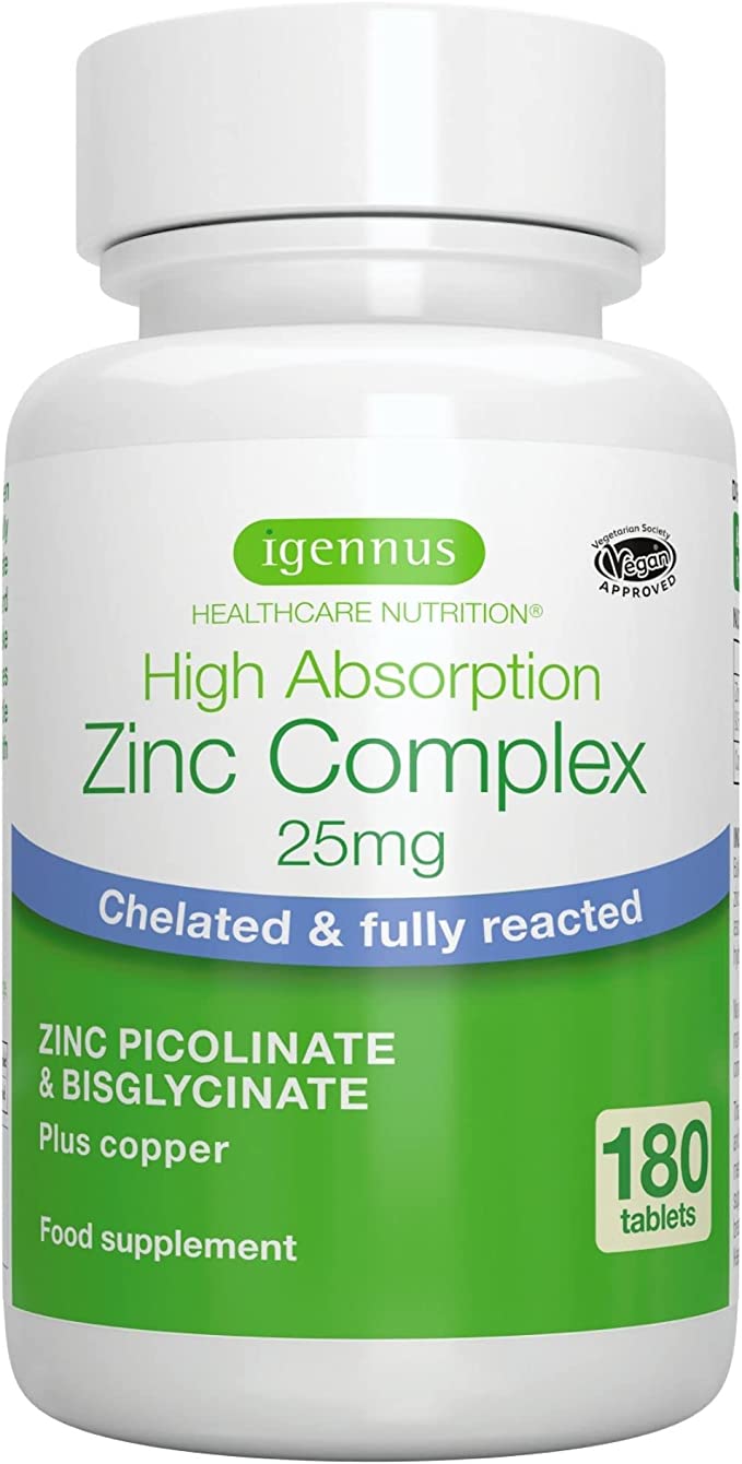 High Absorption Chelated Zinc Complex 25mg with Copper, Gentle Zinc Picolinate & Bisglycinate for Skin, Immune, and Cellular Health, 180 Tablets, by Igennus