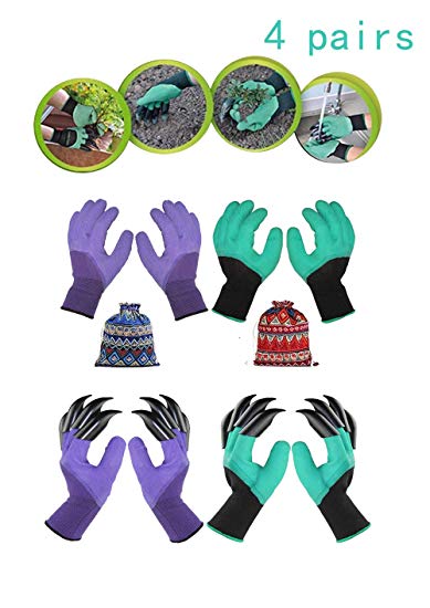 Gardening Gloves, Waterproof Garden Genius Gloves with Claws, Breathable Digging Gloves for Planting Sowing Potting Suitable for Women Men，Best Gift for Gardeners(4 Pairs Purple&Green，2 storage bags)