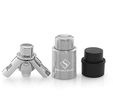 Set of 3 Bottle Stoppers with Built-in Pump for Wine Champagne & Soda - Vacuum Seal Indicator - Preserve the Fizz - Mark the Date - Premium Gift Box Set