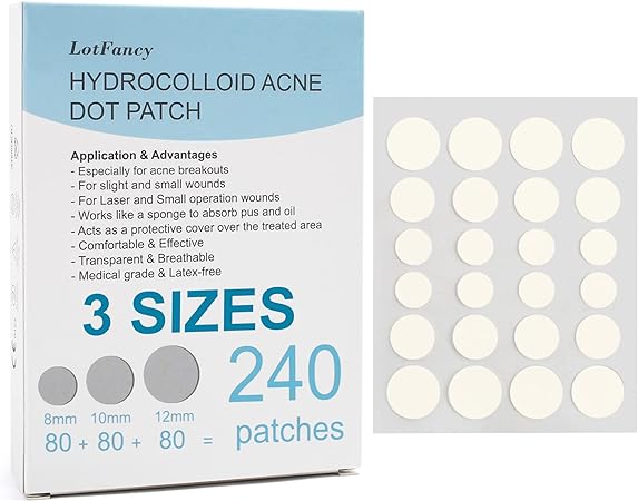 LotFancy Acne Patches, 240 Count, 3 Sizes (12, 10, 8mm), Hydrocolloid Pimple Patches for Face, Clear Zit Stickers for Blemishes, Spots, Skin Acne Dots Treatment