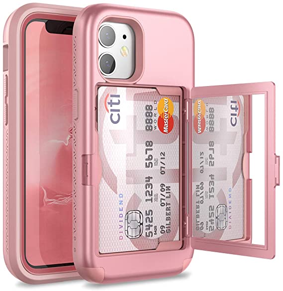 WeLoveCase for iPhone 12 Mini Wallet Case with Credit Card Holder & Hidden Mirror, Defender Three Layer Shockproof Heavy Duty Protection Cover Protective Case for iPhone 12 Mini - 5.4inch Rose Gold