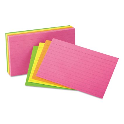 Universal 47257 Ruled Neon Glow Index Cards, 5 x 8, Assorted, 100/Pack