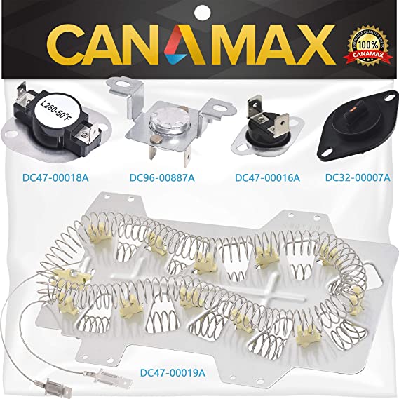 Samsung Dryer Heating Element DC47-00019A, DC96-00887A & DC47-00016A Thermal Fuse, DC47-00018A Thermostat and DC32-00007A Dryer Thermistor Dryer Repair Kit Premium Replacement by Canamax