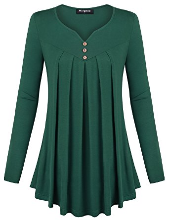 Miagooo Womens Long Sleeve Scoop Neck Pleated Front A Line Flare Hem Tunic Tops