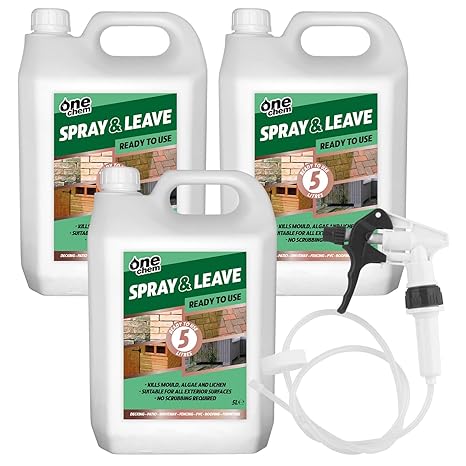 One Chem 3 x 5 Litre Ready To Use Spray and Leave with added Long Hose Trigger Spray - Fencing Patio Decking Driveway - Green Algae and Mould Killer