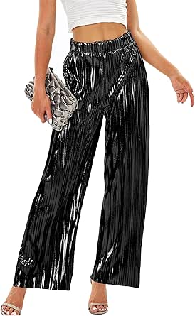 heipeiwa Women's Shiny Pleated Wide Leg Pants Party Nightout High Elastic Waist Trouser Outfit Clubwear