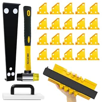 NAACOO Laminate Flooring Tools, Flooring Installation Kit，Professional Vinyl Flooring Tools - Tapping Block with Handle, 10” Contour Gauge, Pull Bar, 2 in 1 Flooring Spacers, Rubber Mallet