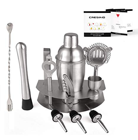 Home Cocktail Bar Set by Cresimo – Brushed Stainless Steel 12 Piece Professional Bar Tool Kit – 100% GUARANTEE AND WARRANTY. Includes Martini Shaker, Muddler, Strainer, Jigger and More!
