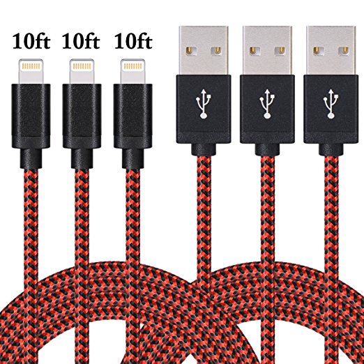 Amoner 3Pack Lightning 8Pin to USB Cable [iOS10 Compatible], 10 Feet Braided Charge and Sync Cord iPhone Charger for iPhone 7/7 plus, iPad and iPod Models (Red & Black Mixed)