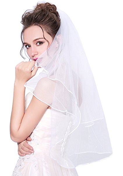 Deceny CB Wedding Veil White 2 Tier Ribbon Edge Bridal Veil with Comb