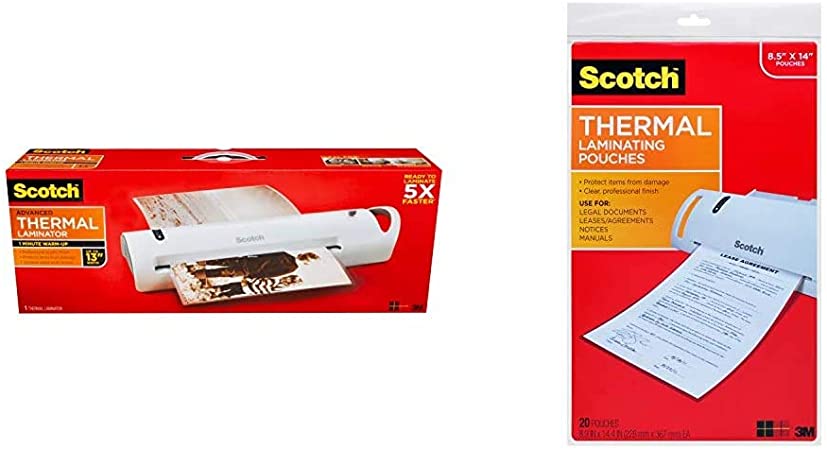Scotch Advanced Thermal Laminator, Extra Wide 13-Inch Input, 1-Minute Warm-up (TL1302VP) & Thermal Laminating Pouches, 8.9 x 14.4-Inches, Legal Size, 20-Pack (TP3855-20)