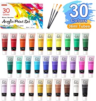 Acrylic Paint Set, Shuttle Art 30 Colors Acrylic Paint in Tubes (36ml) with 3 Brushes, Artist Grade Paint, Rich Pigments, Non-Toxic for Artists, Beginners and Kids on Rocks Crafts Canvas Wood Fabric