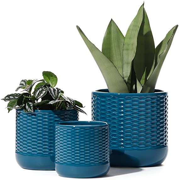 Ceramic Planters - POTEY 803 6/5/4 Inch Indoor Ceramic Plant Pots with Watering Drainage Holes and Plugs for House Plants, Flowers, Succulents, Orchid, Snake Plant, Modern Home Decor, Blue